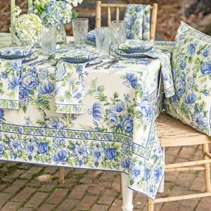 Vintage April Cornell Primavera in Blue Cotton Lined Oblong Tablecloth 90s Flora
